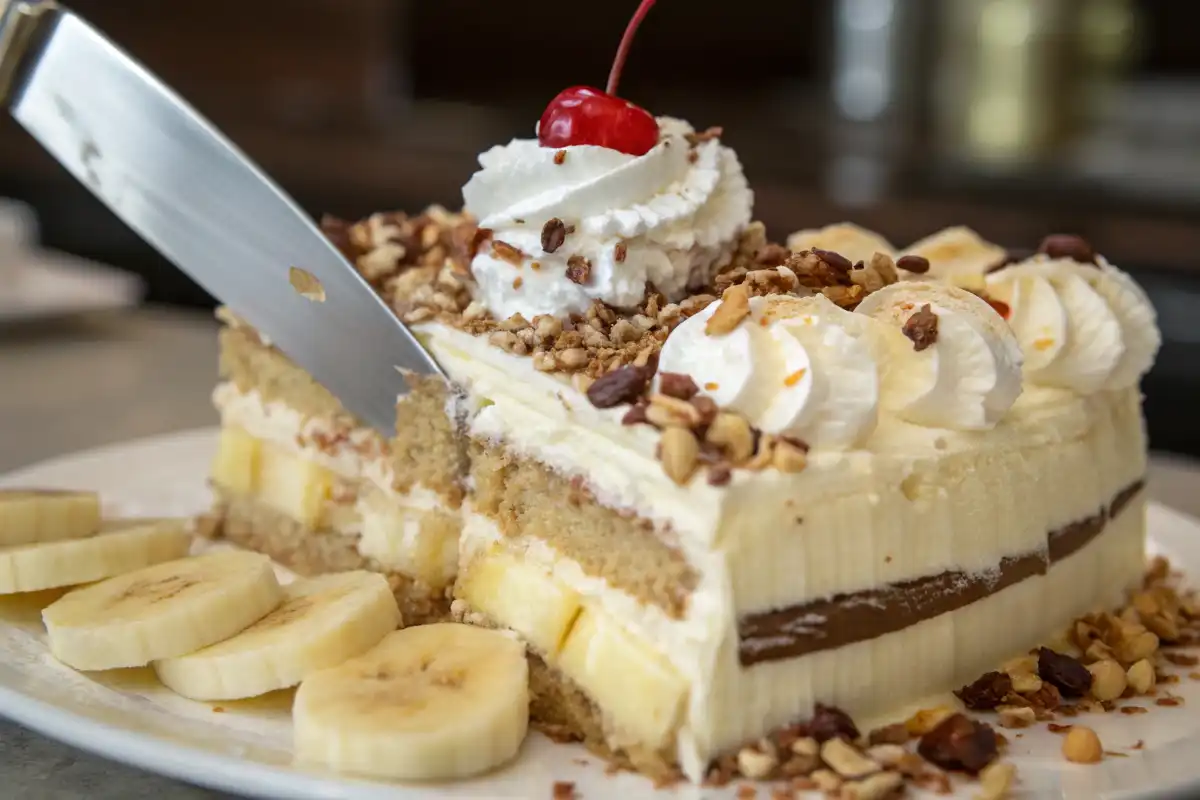 Layered banana split cake with graham cracker crust, vanilla, chocolate, and strawberry ice cream, topped with whipped cream, chocolate syrup, chopped nuts, and maraschino cherries.