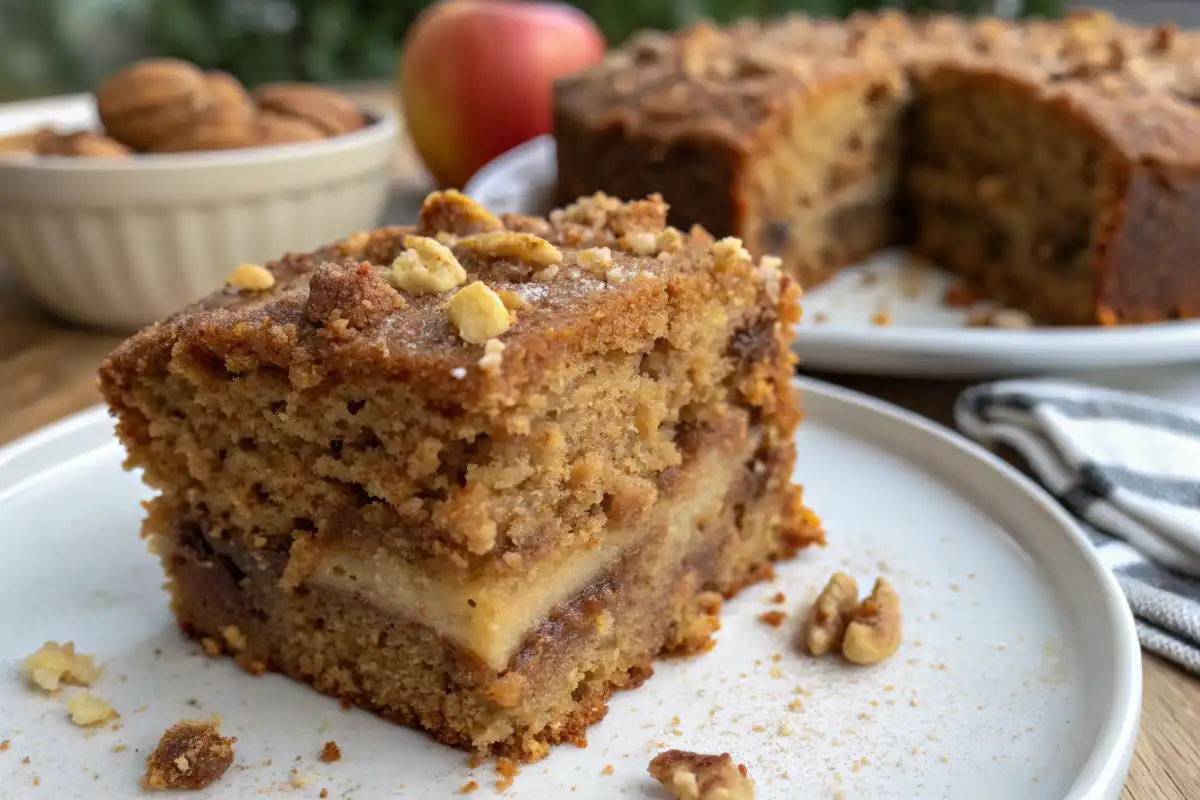 Freshly baked apple spice cake , with chunks of apple peeking through the golden-brown crust.