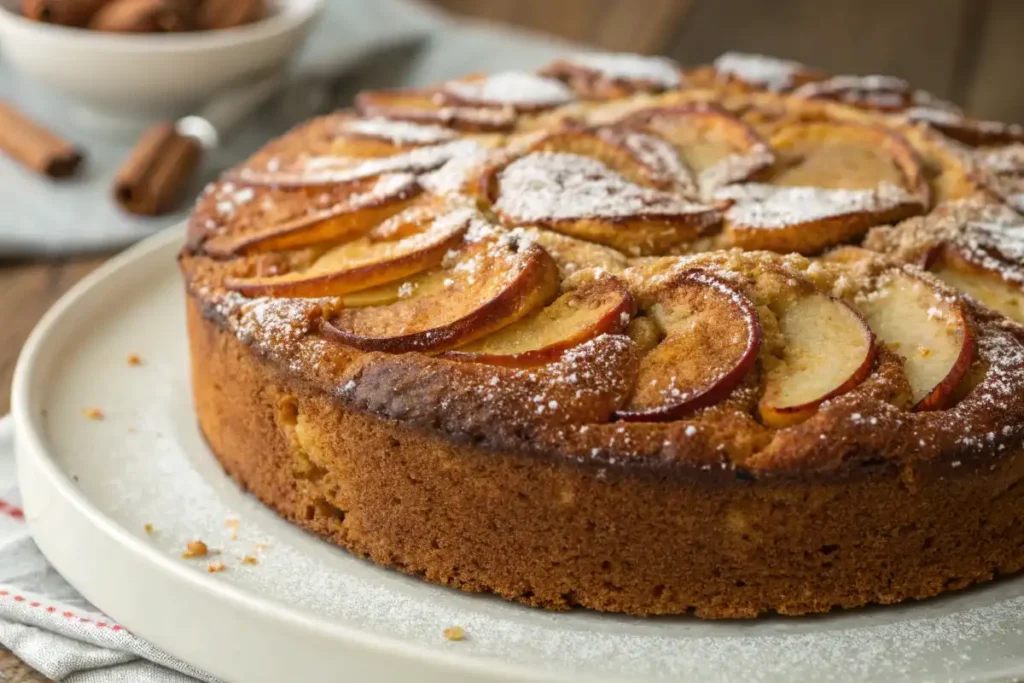 Freshly baked apple spice cake , with chunks of apple peeking through the golden-brown crust.