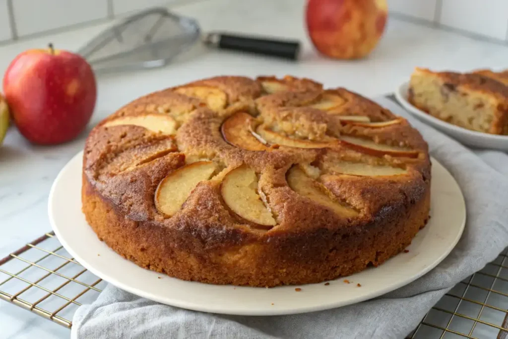 Freshly baked apple spice cake , with chunks of apple peeking through the golden-brown crust.